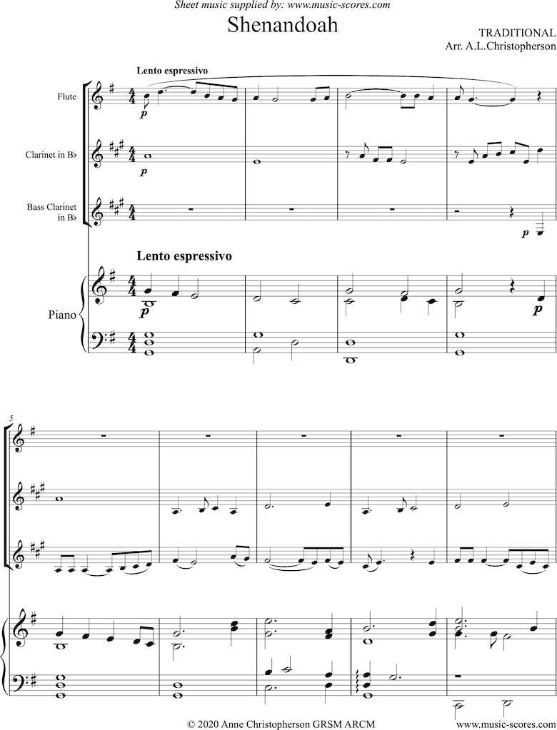 Front page of Shenandoah: Flute, Clarinet, Bass Clarinet, Piano sheet music