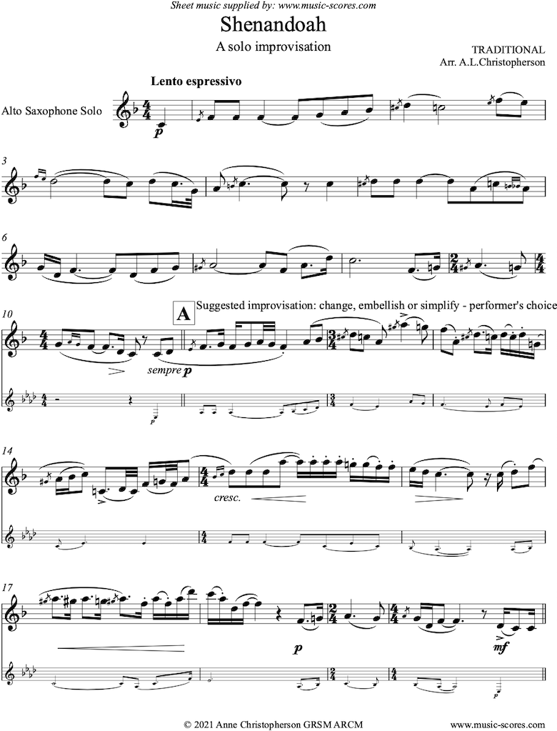 Front page of Shenandoah: Solo Alto Sax improv sheet music