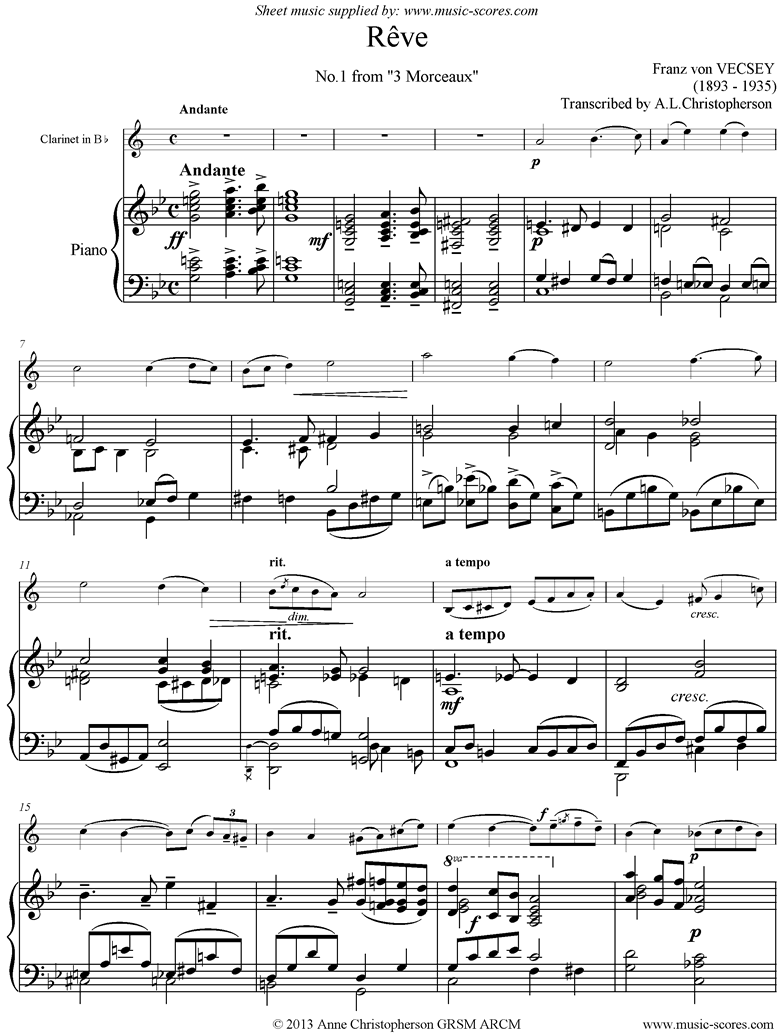 Front page of Reve: Clarinet, Piano sheet music