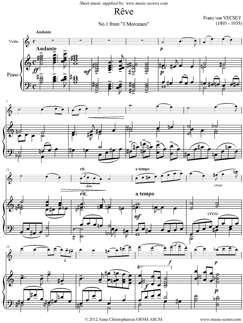 Front page of Reve: Violin, Piano sheet music