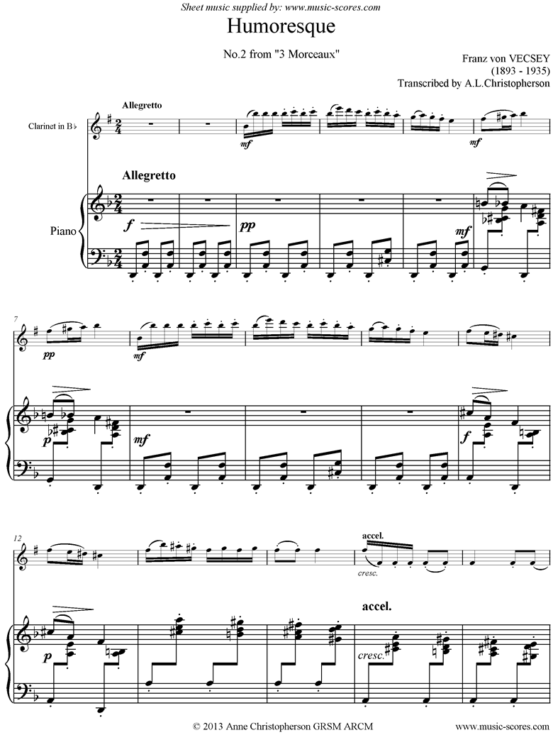 Front page of Humoresque: Clarinet, Piano sheet music