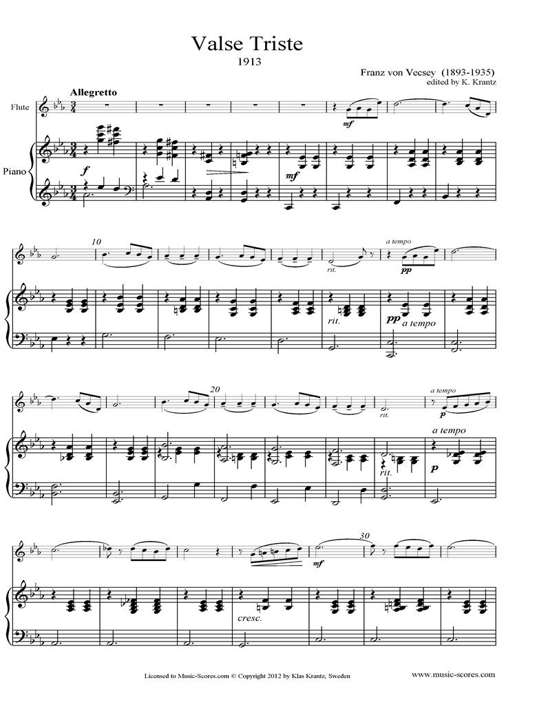 Front page of Valse Triste: Flute, Piano sheet music