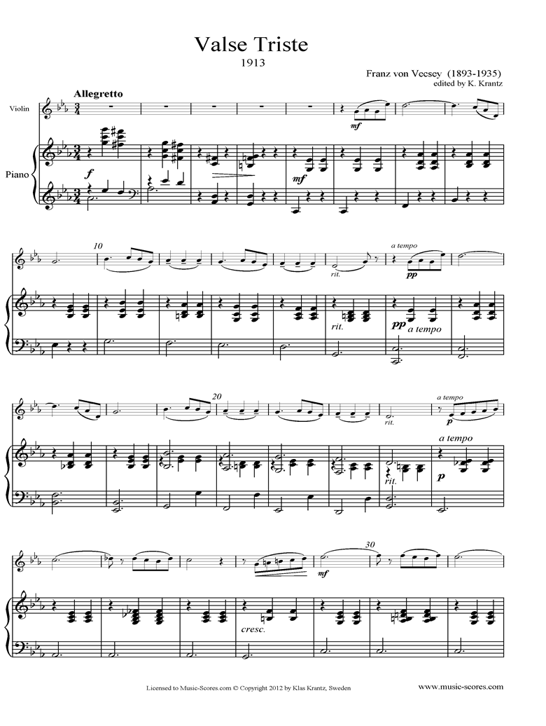 Front page of Valse Triste: Violin, Piano sheet music