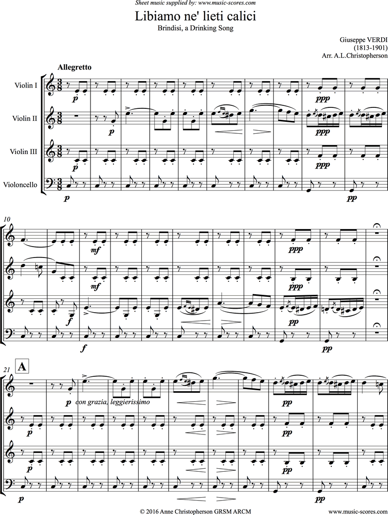 Front page of La Traviata: Brindisi. 3 Violins, Cello sheet music
