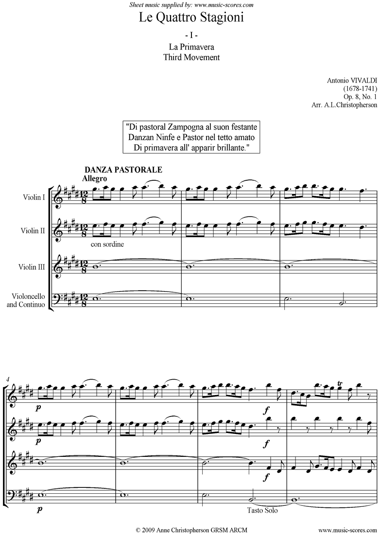 Front page of Op.8 No.1: The Four Seasons: Spring: 3rd mt 3VnsVc sheet music