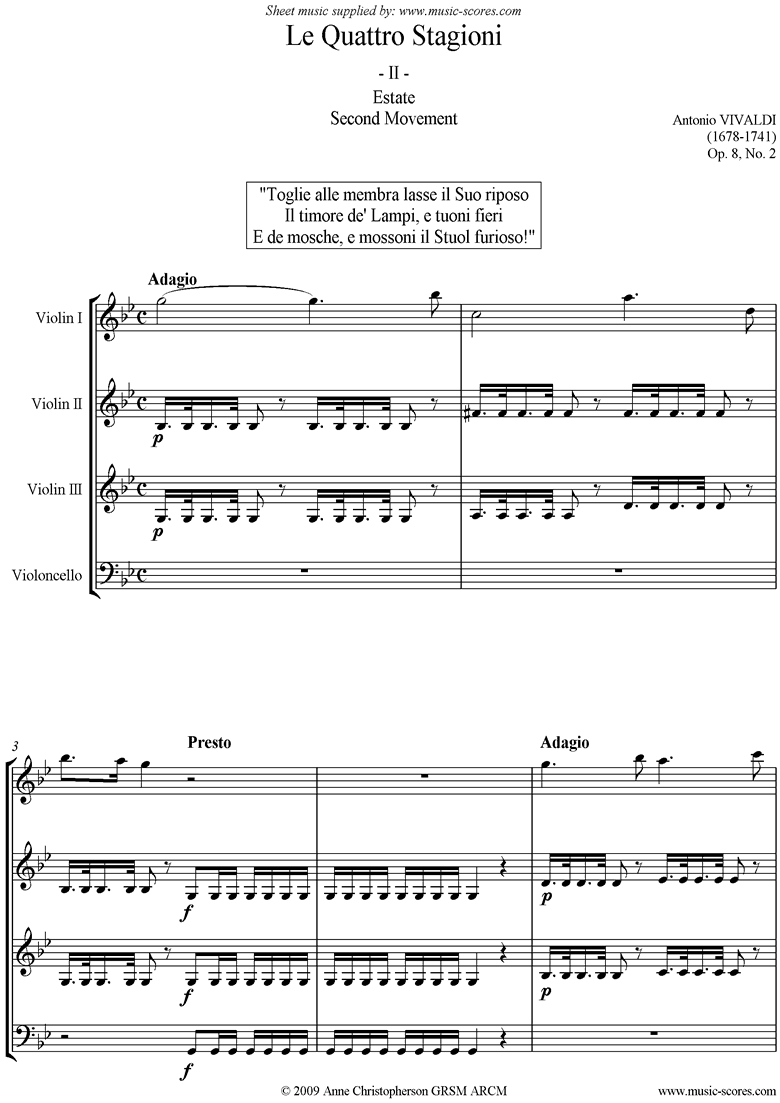 Front page of Op.8 No.2: The Four Seasons: Summer: 2nd mt 3VnsVc sheet music