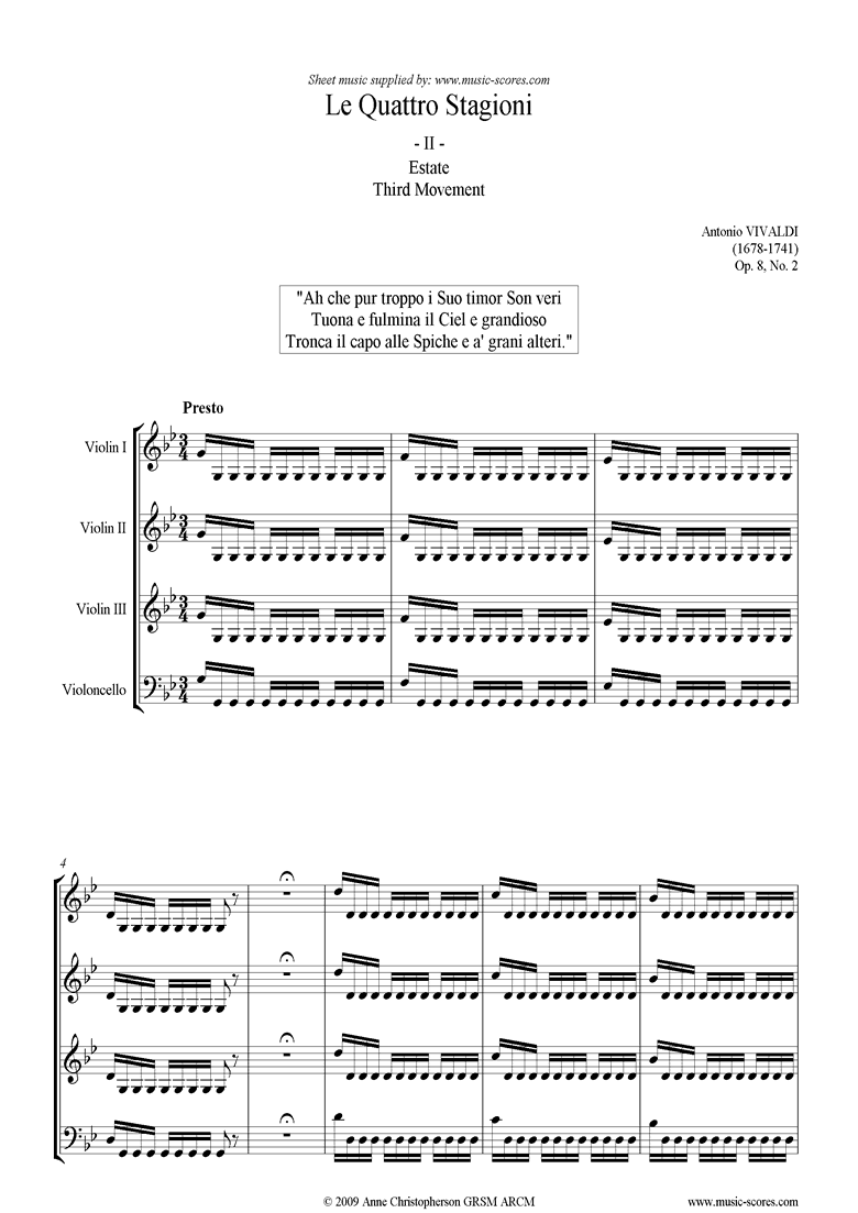 Front page of Op.8 No.2: The Four Seasons: Summer: 3rd mt 3VnsVc sheet music