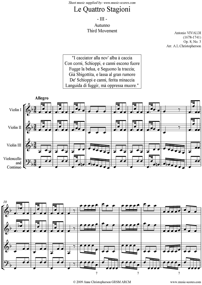 Op.8 No.3: The Four Seasons: Autumn: 3rd mt 3VnsVc by Vivaldi