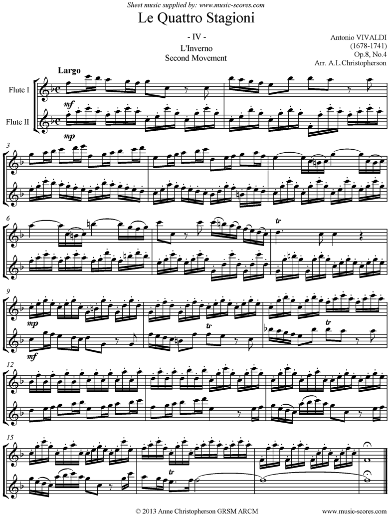 Op.8 No.4: The Four Seasons: Winter: 2nd mt: 2 Flutes Fma by Vivaldi
