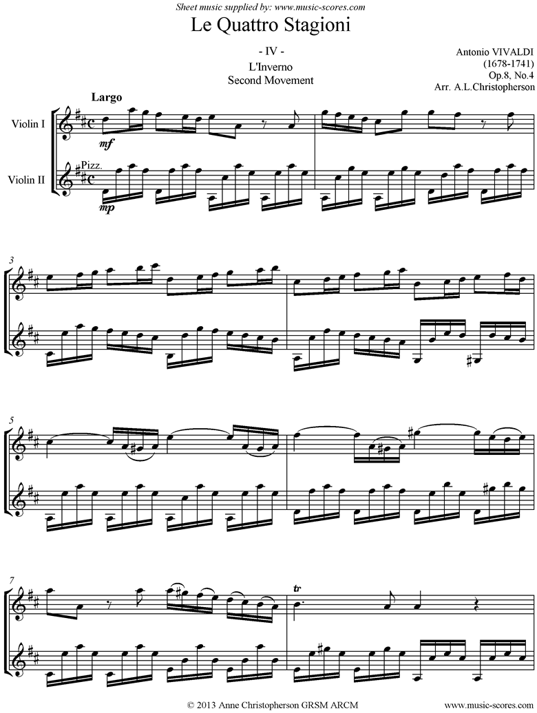 Op.8 No.4: The Four Seasons: Winter: 2nd mt: 2 Violins by Vivaldi