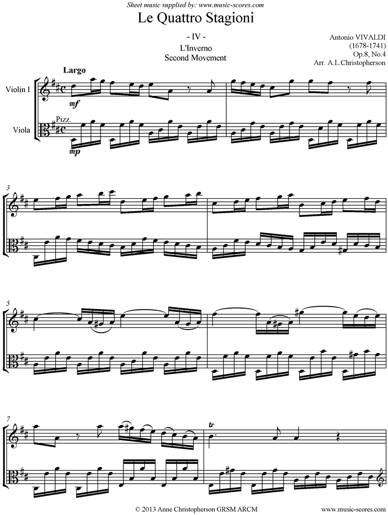 Op.8 No.4: The Four Seasons: Winter: 2nd mt: Violin, Viola by Vivaldi