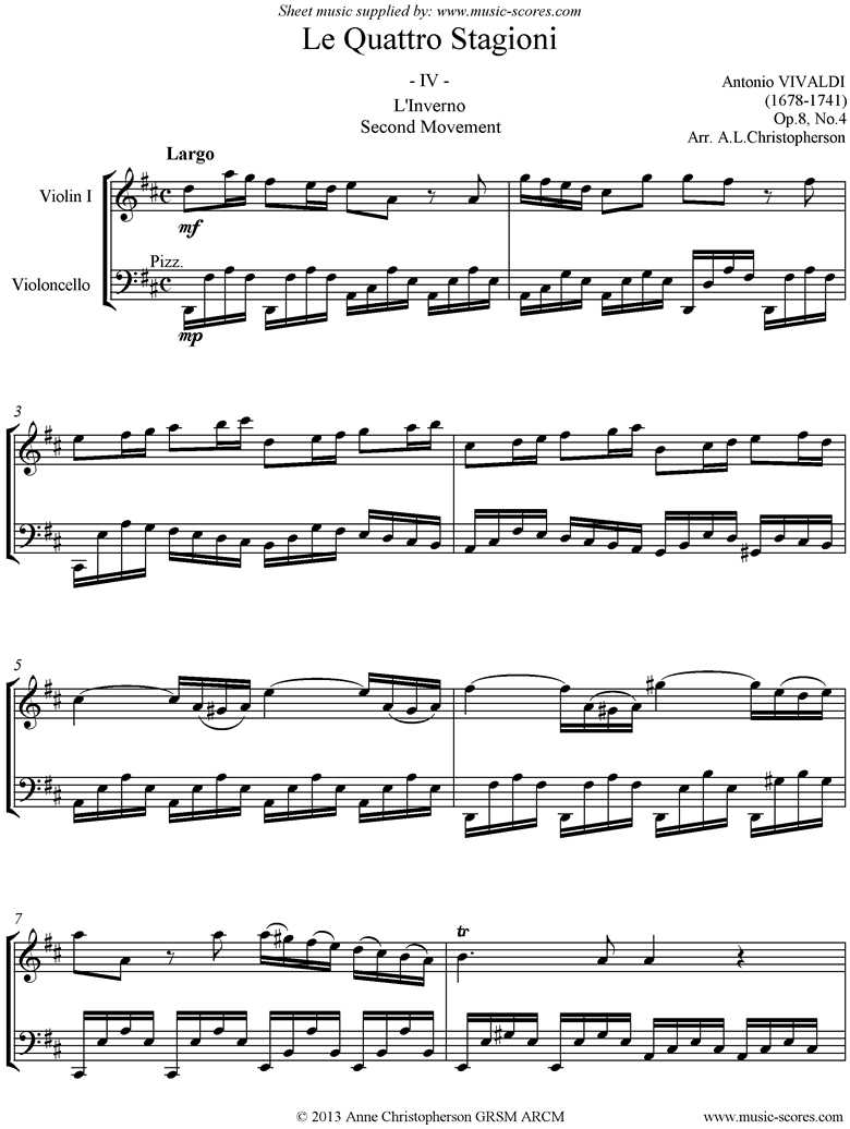 Op.8 No.4: The Four Seasons: Winter: 2nd mt: Violin, Cello by Vivaldi