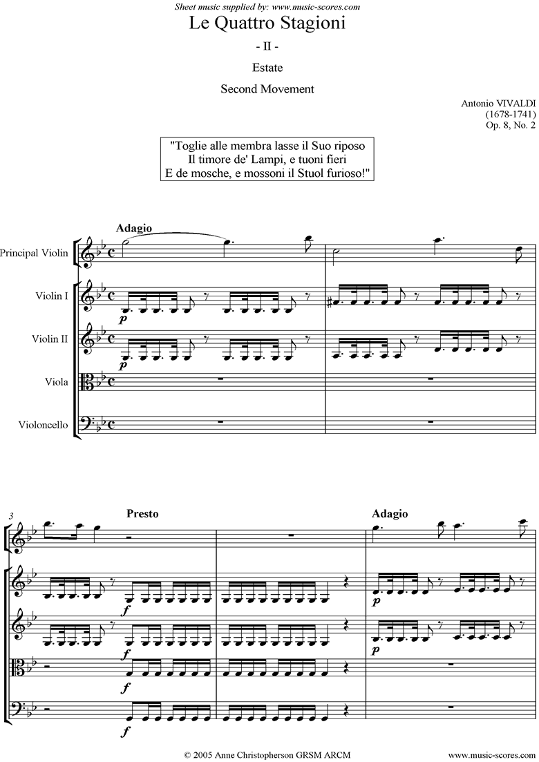 Front page of Op.8 No.2: The Four Seasons: Summer: 2nd mt:Strings sheet music