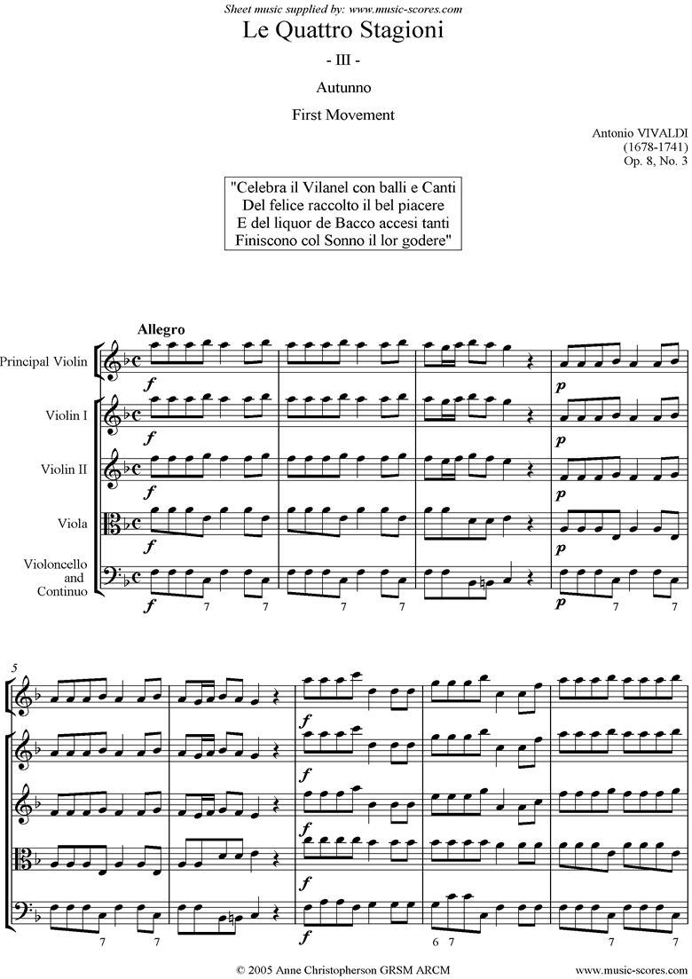 Front page of Op.8 No.3: The Four Seasons: Autumn: 1st mt:Strings sheet music