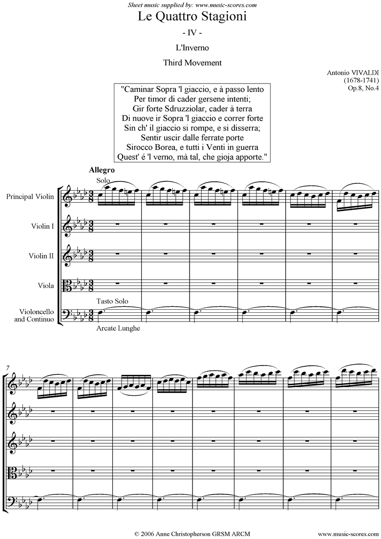 Front page of Op.8 No.4: The Four Seasons: Winter: 3rd mt:Strings sheet music