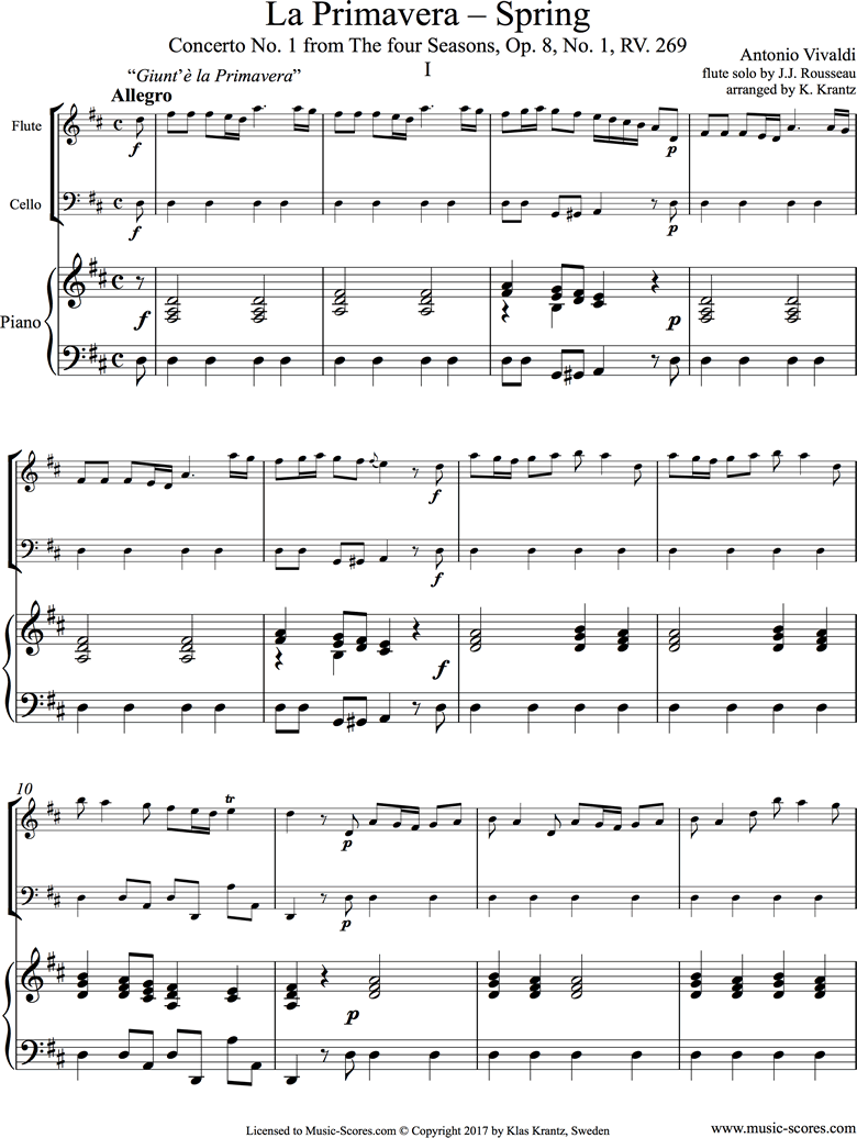 Front page of Op.8 No.1: The Four Seasons: Spring: 1st mt: Flute, Cello, Piano sheet music