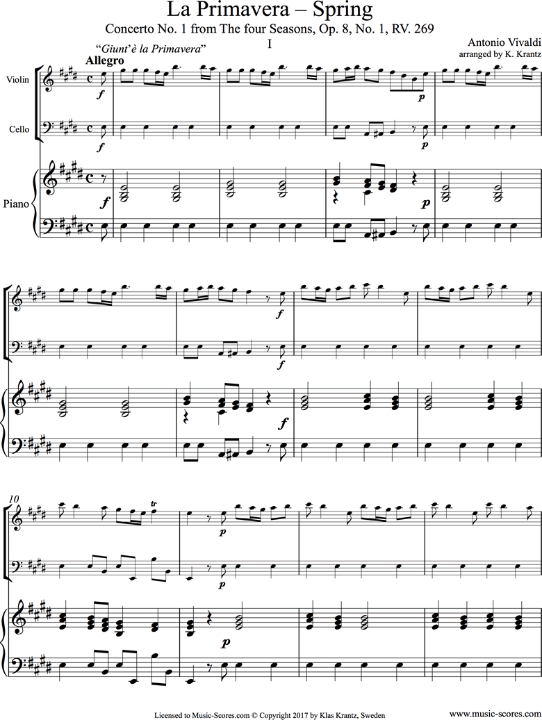Op.8 No.1: The Four Seasons: Spring: 1st mt: Violin, Cello, Piano by Vivaldi