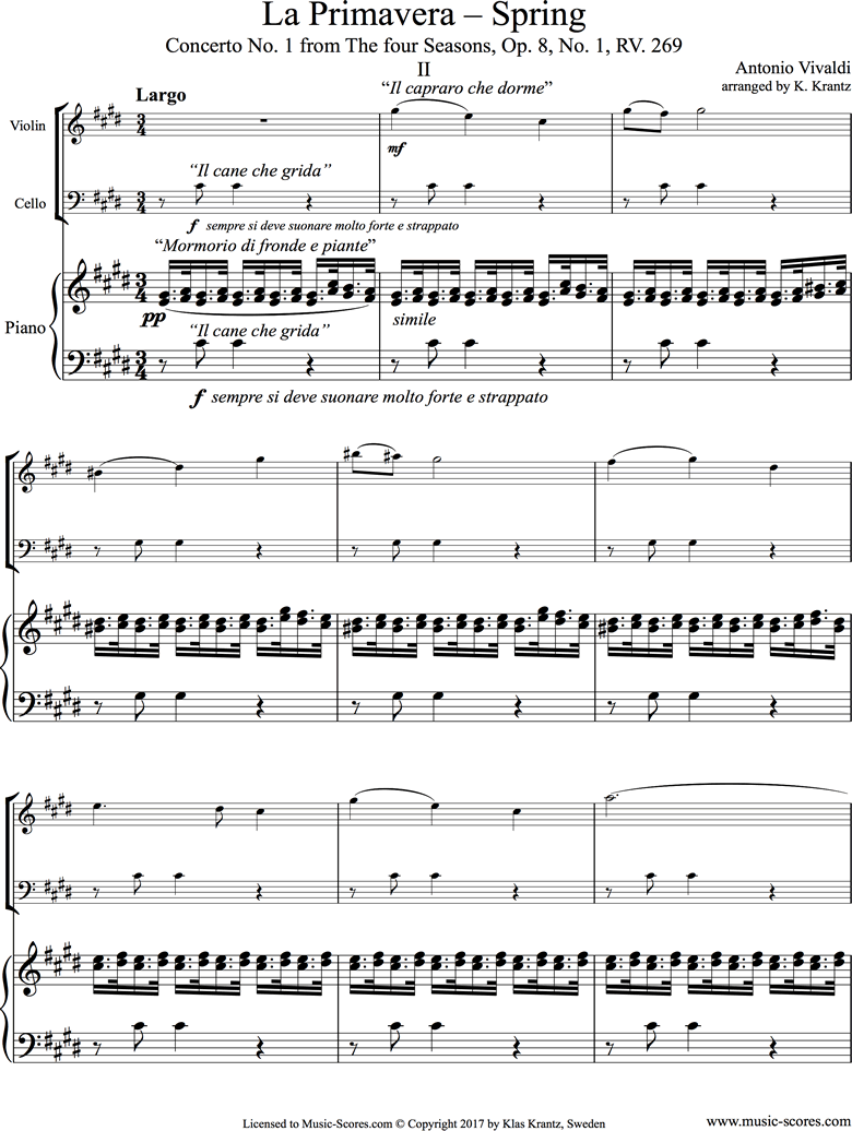 Op.8 No.1: The Four Seasons: Spring: 2nd mt: Violin, Cello, Piano by Vivaldi