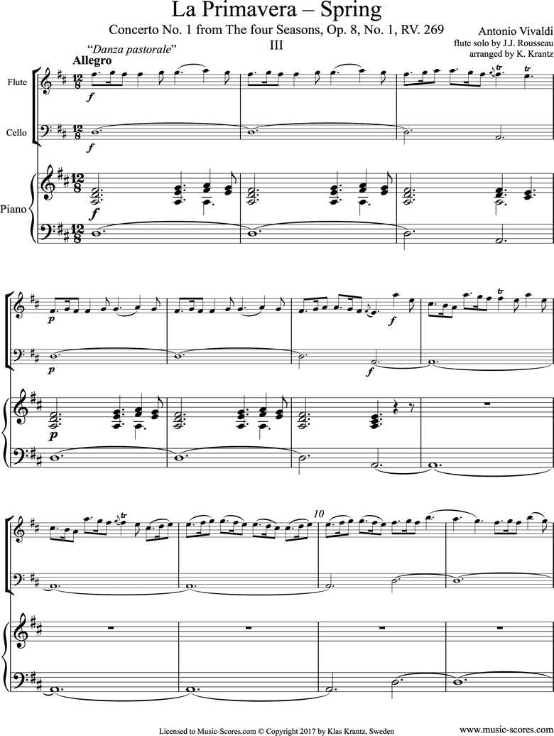 Front page of Op.8 No.1: The Four Seasons: Spring: 3rd mt: Flute, Cello, Piano sheet music