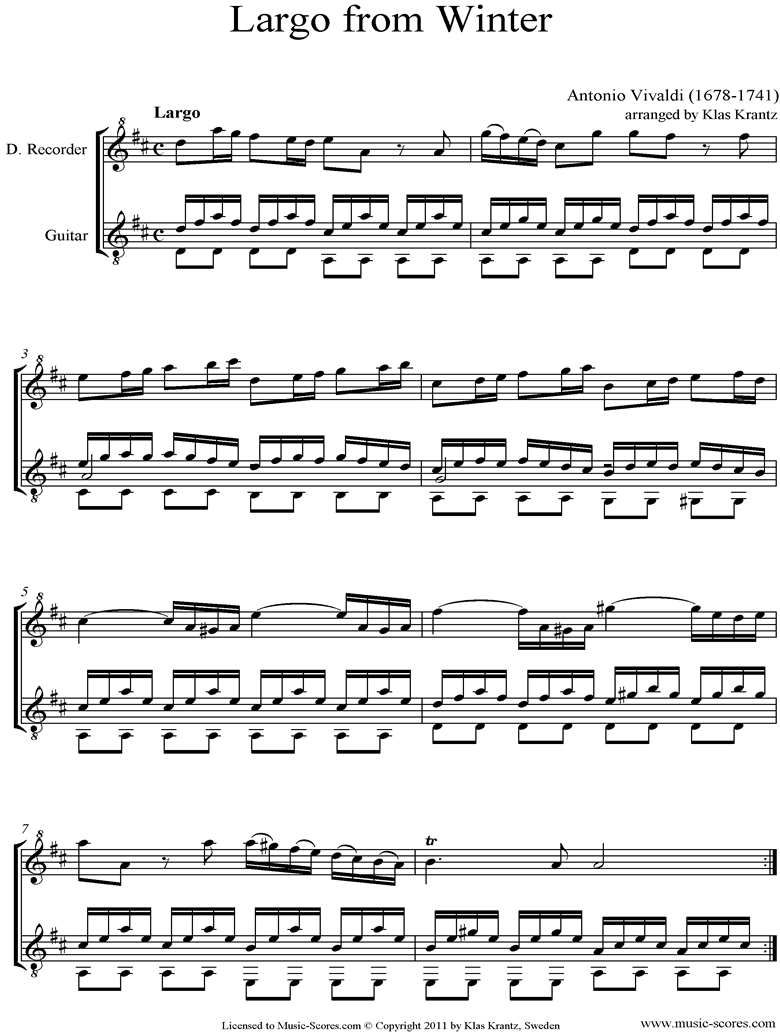 Op.8 No.4: The Four Seasons: Winter: 2nd mt: Descant Recorder, Guitar by Vivaldi