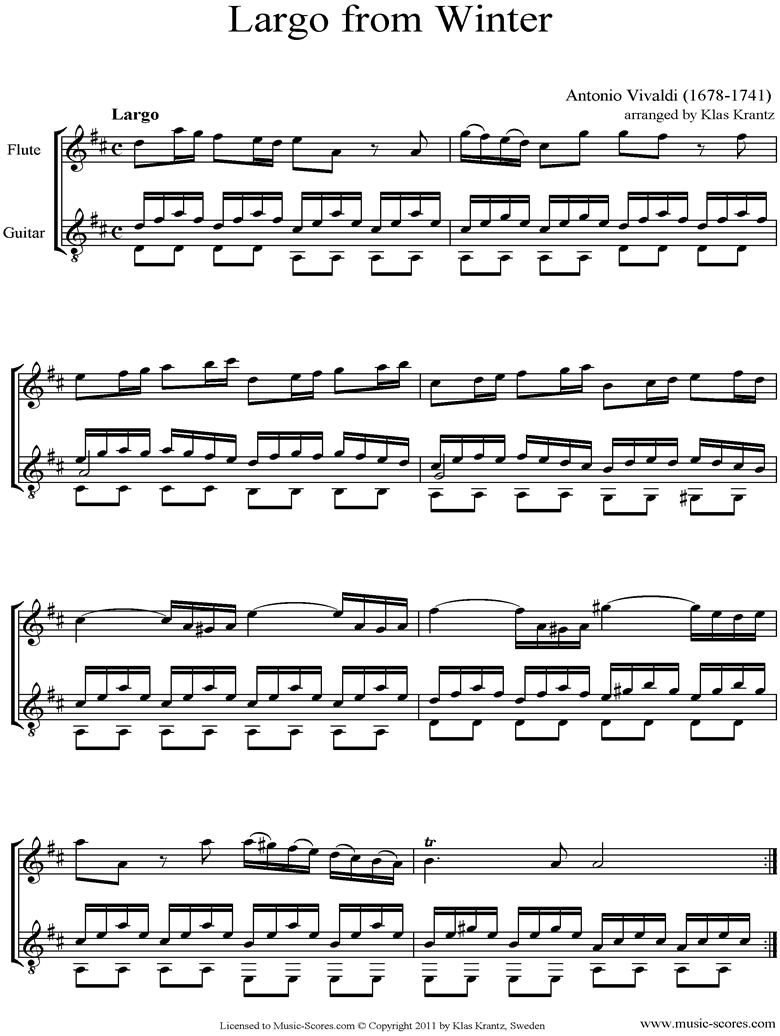 Op.8 No.4: The Four Seasons: Winter: 2nd mt: Flute, Guitar by Vivaldi