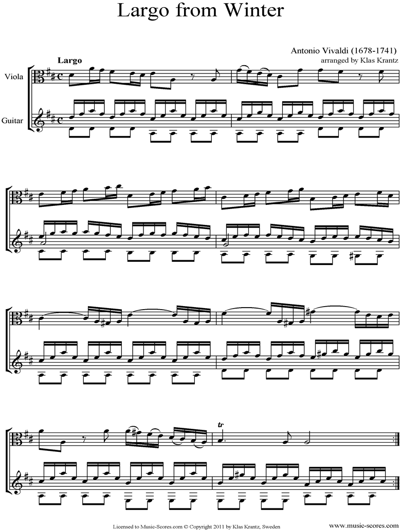 Op.8 No.4: The Four Seasons: Winter: 2nd mt: Viola, Guitar by Vivaldi