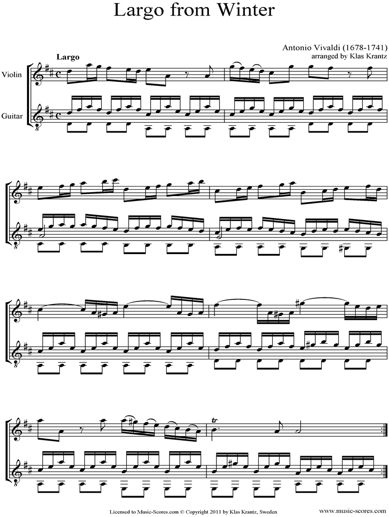 Op.8 No.4: The Four Seasons: Winter: 2nd mt: Violin, Guitar by Vivaldi
