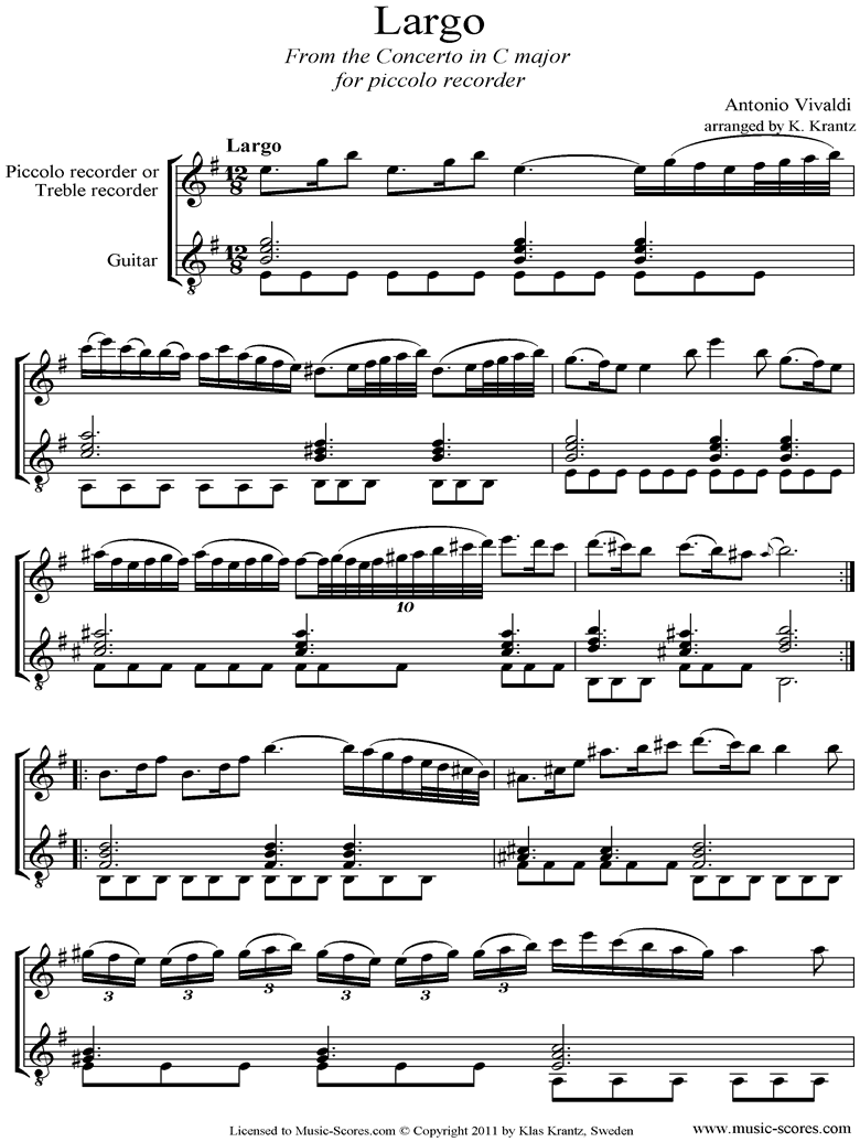 RV443: Largo: Treble or Piccolo Recorder, Guitar by Vivaldi