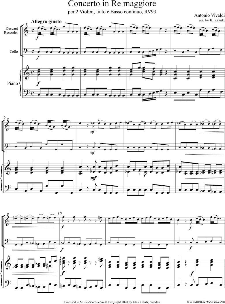 Front page of RV93: Concerto in D major: Descant Recorder, Cello and Piano. sheet music