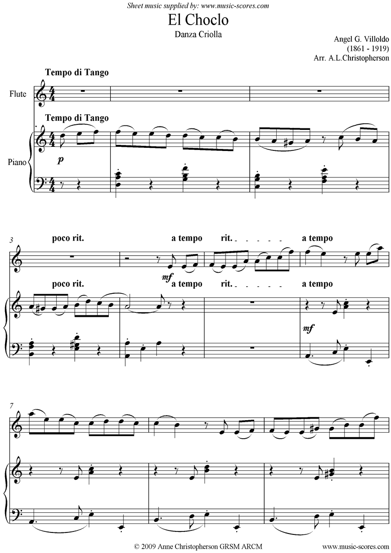 Front page of El Choclo: Danza Criolla: Easy Flute sheet music