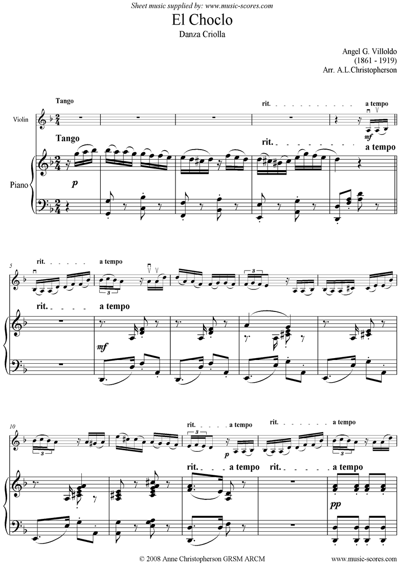 Front page of El Choclo: Danza Criolla: Violin difficult sheet music