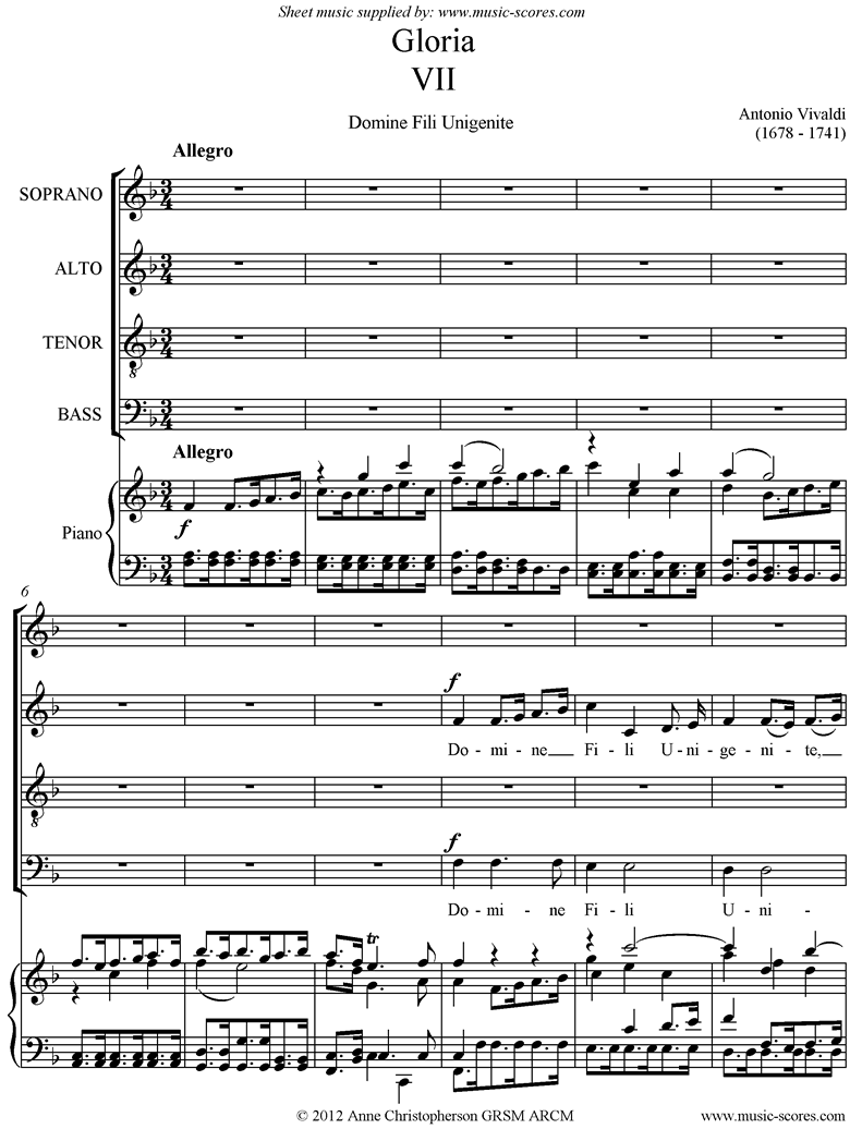 Gloria: RV589 No.07: Domine Fili: SATB by Vivaldi
