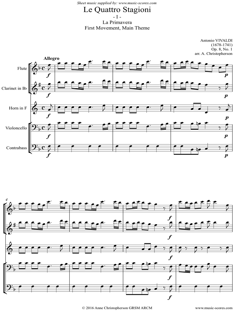 Front page of Op.8 No.1: The Four Seasons: Spring: 1st mt: Flute, Clarinet, Horn, Cello, Contrabass sheet music