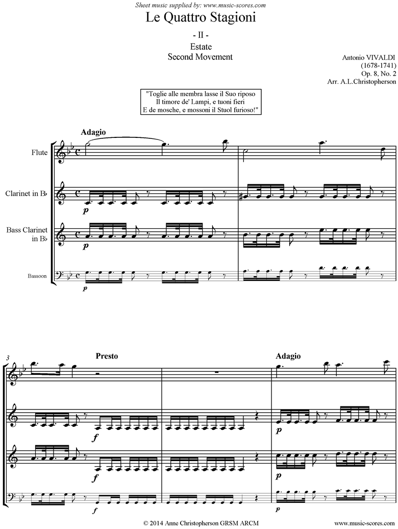 Front page of Op.8 No.2: The Four Seasons: Summer: 2nd mt Flute, Clarinet, Bass Clarinet or Bassoon sheet music