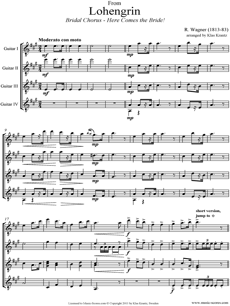 Front page of Wedding March: from Lohengrin: 4 Guitars sheet music