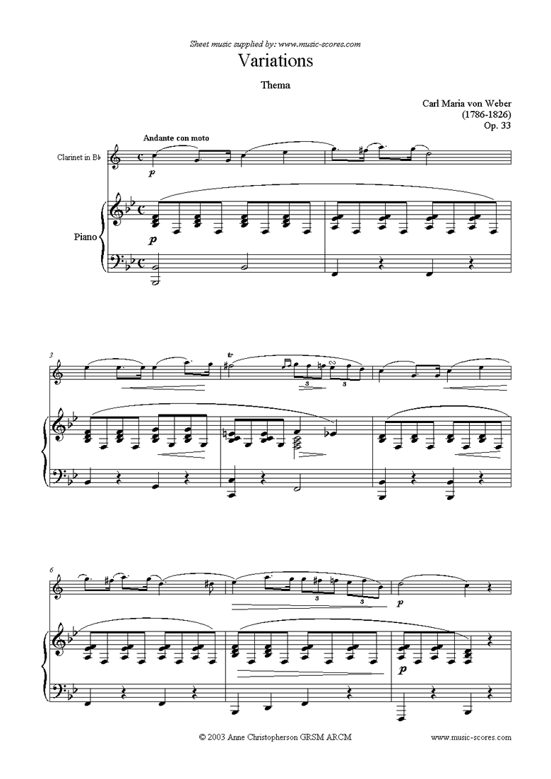 Front page of Variations: Op. 33 for clarinet (a) sheet music