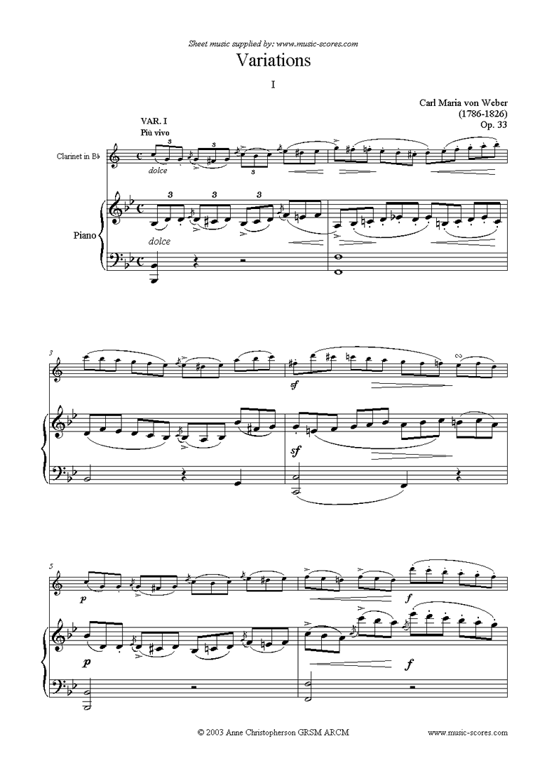 Front page of Variations: Op. 33 for clarinet (b) sheet music