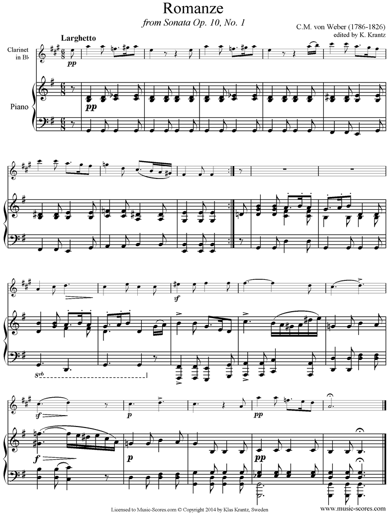 Front page of Op.10a, No.1, 2nd mvt: Romanze: Clarinet, Piano sheet music