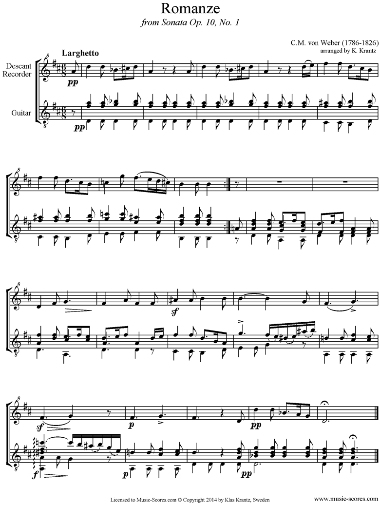 Front page of Op.10a, No.1, 2nd mvt: Romanze: Recorder, Guitar sheet music