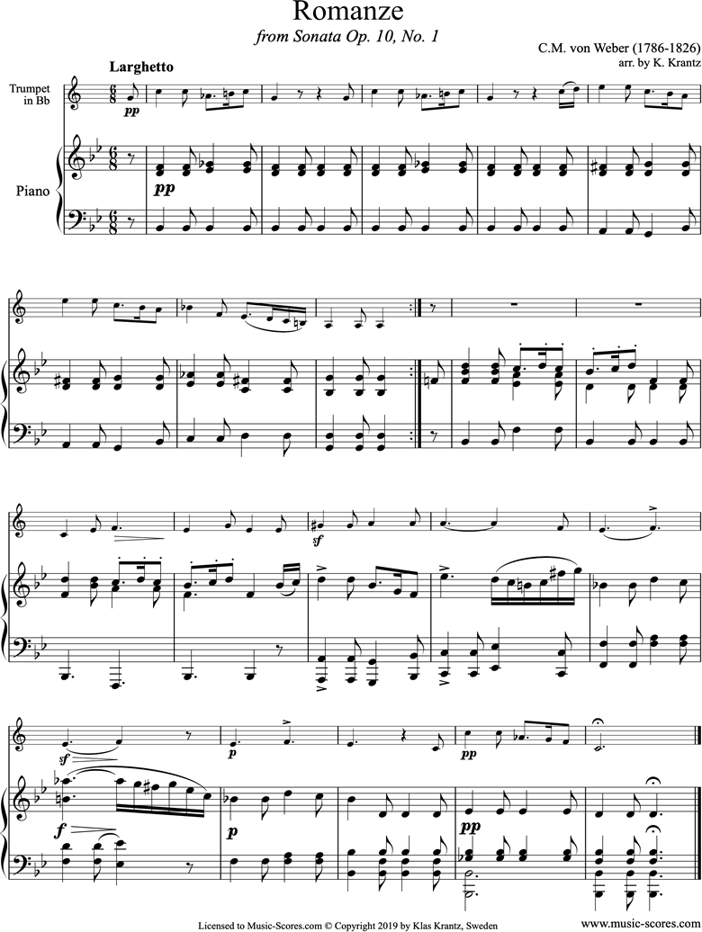 Op.10a, No.1, 2nd mvt: Romanze: Trumpet, Piano by Weber