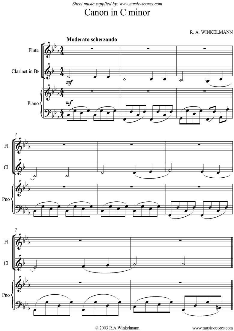 Front page of Canon in C Minor: Trio: Flute, Clarinet and Piano. sheet music