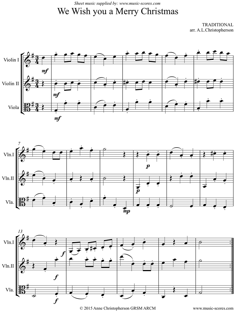 Front page of We Wish You a Merry Christmas: 2 Violins, Viola sheet music