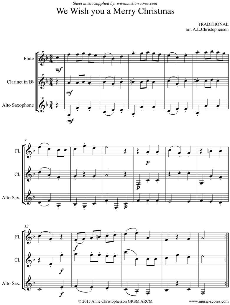 Front page of We Wish You a Merry Christmas: Flute, Clarinet, Alto Sax sheet music