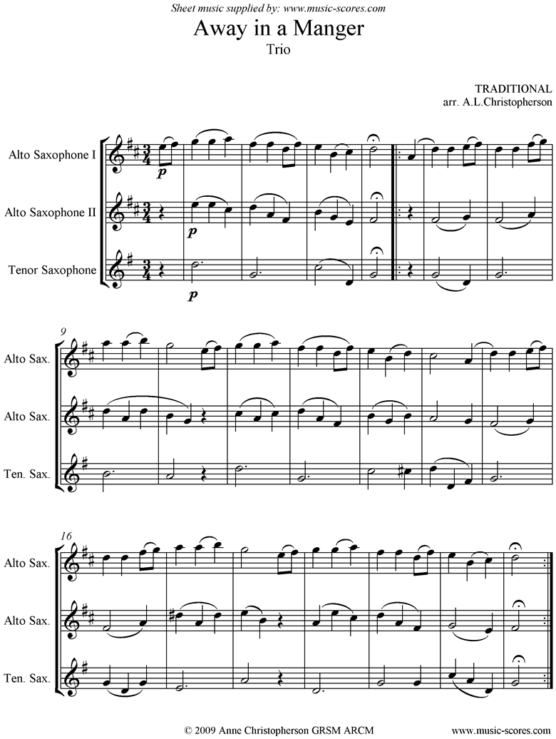 Front page of Away in a Manger: 2 Alto Saxes, 1 Tenor Sax sheet music