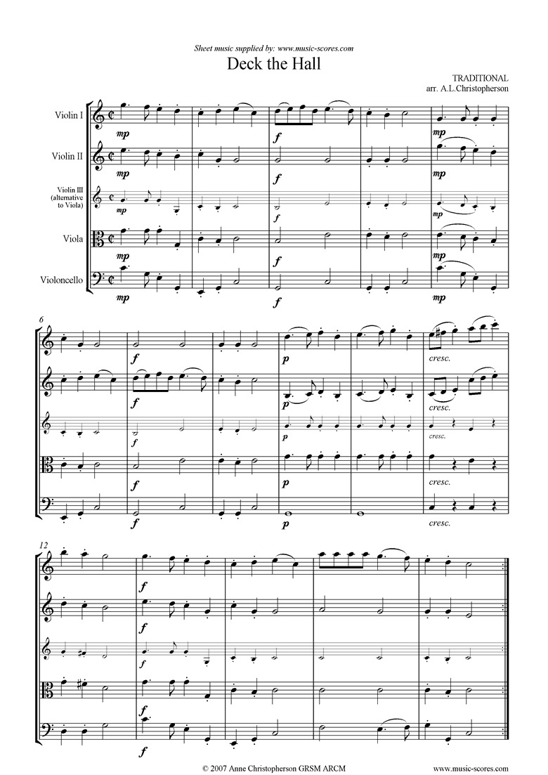 Front page of Deck the Hall with Boughs of Holly: String Quartet sheet music