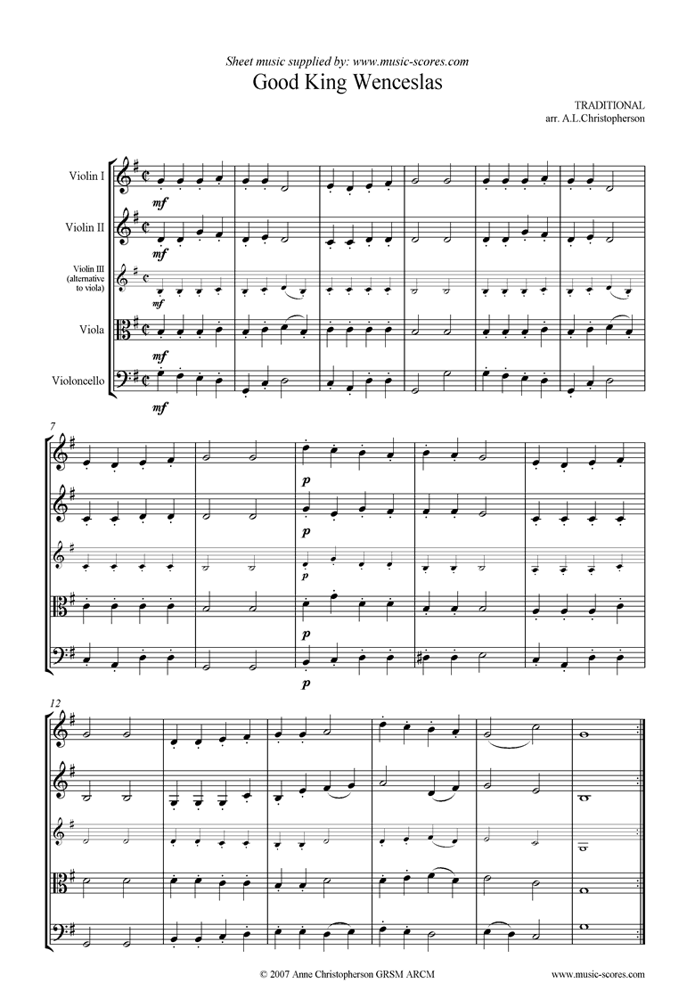 Front page of Good King Wenceslas Looked Out: String Quartet sheet music