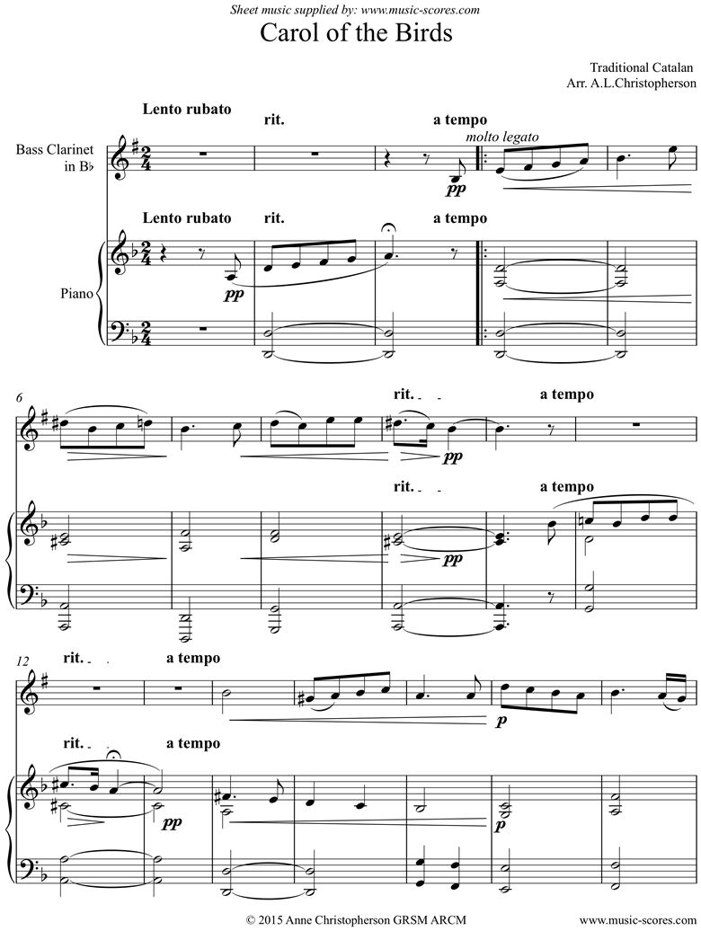 Front page of Carol of the Birds: Bass Clarinet and Piano sheet music