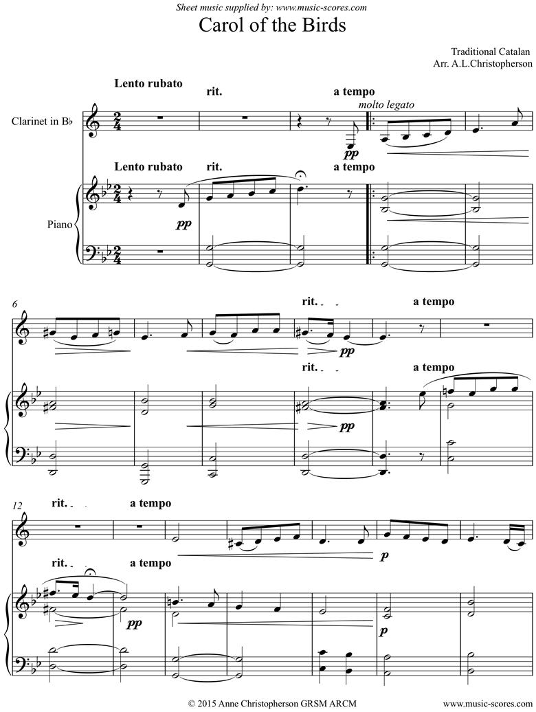 Front page of Carol of the Birds: Clarinet and Piano sheet music