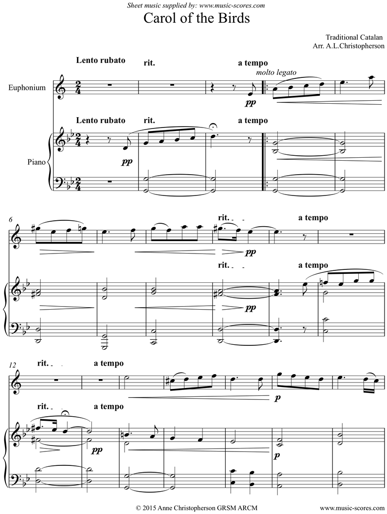 Front page of Carol of the Birds: Euphonium and Piano sheet music