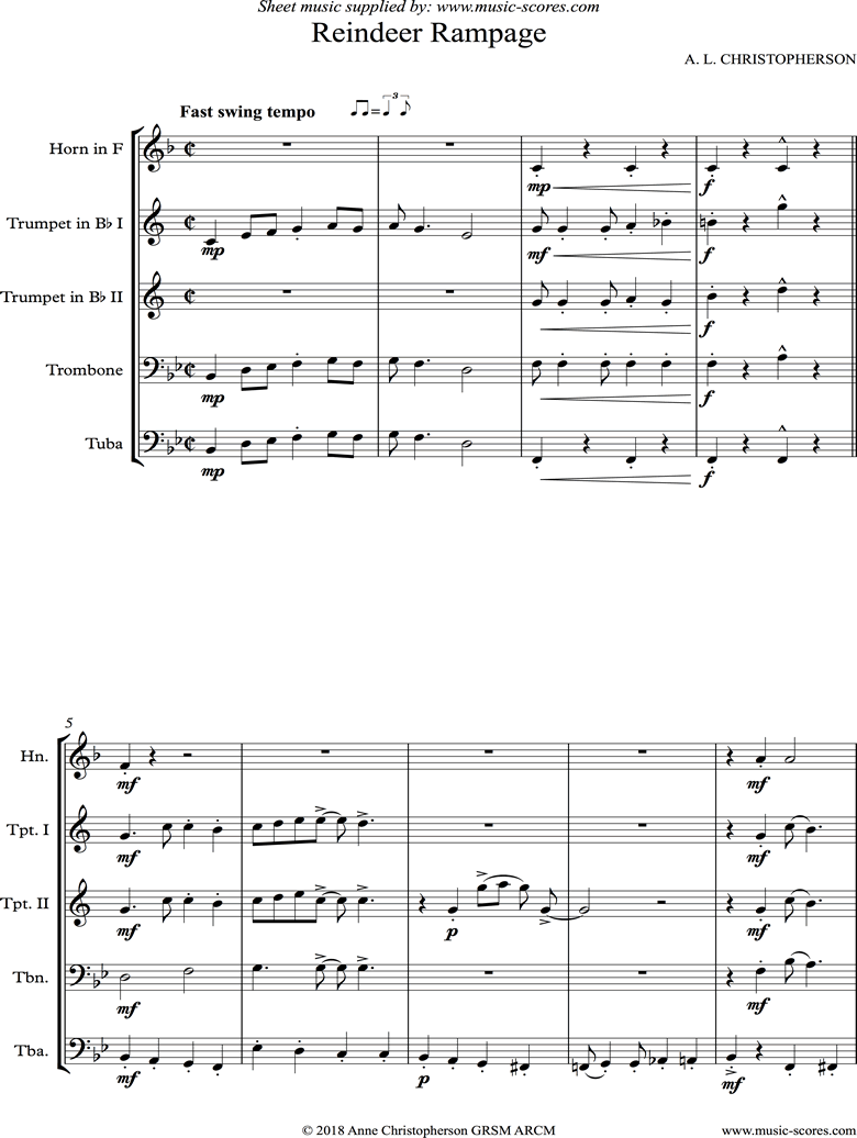 Front page of Reindeer Rampage: 2 Trumpets, French Horn, Trombone and Tuba sheet music